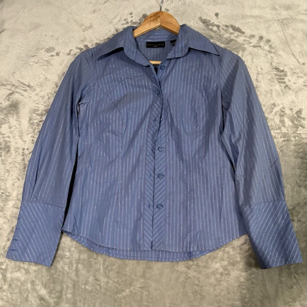 Apostrophe Blue Striped Button Down Shirt 4P Petite Office Siren Y2K Shimmer